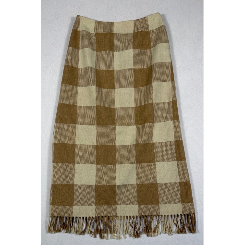 A. Giannetti Italy Tan Cream Plaid Wool Blend Fringe Hem Midi Skirt Size 8